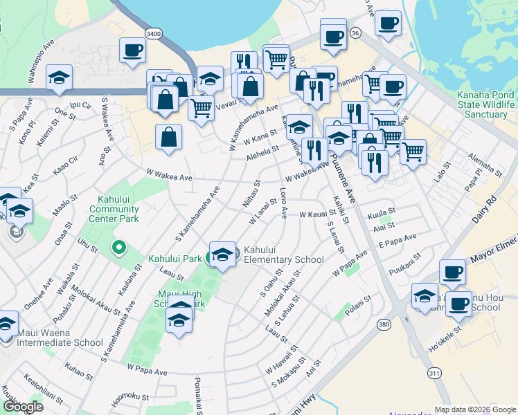 map of restaurants, bars, coffee shops, grocery stores, and more near 200 West Lanai Street in Kahului