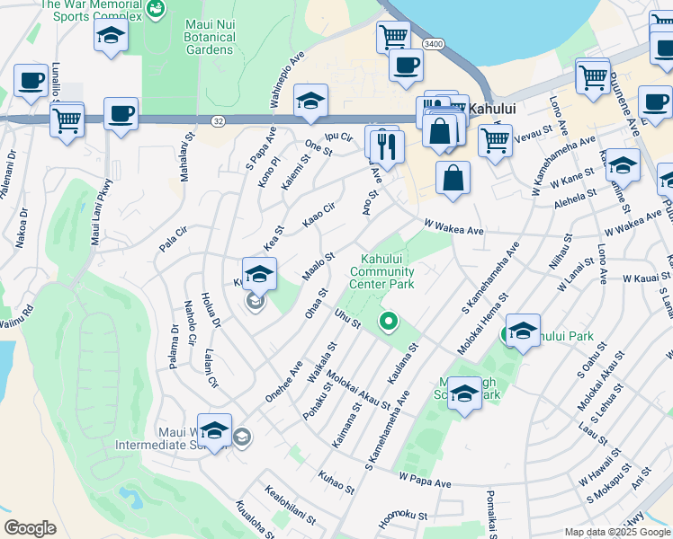 map of restaurants, bars, coffee shops, grocery stores, and more near 197 Ohaa Street in Kahului