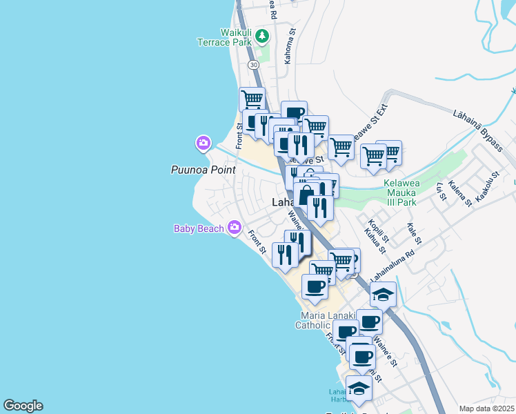 map of restaurants, bars, coffee shops, grocery stores, and more near 601 Hoe Kawele Lane in Lahaina