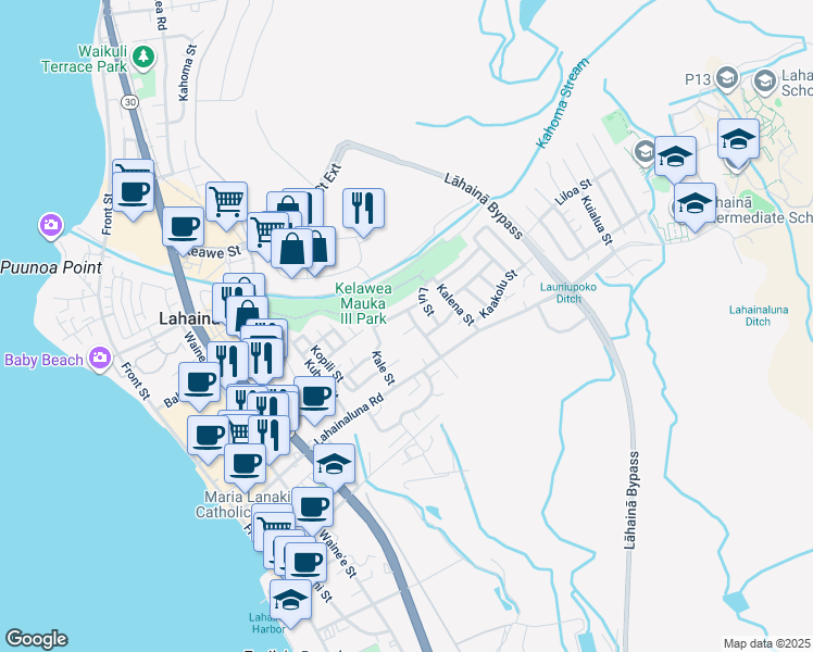 map of restaurants, bars, coffee shops, grocery stores, and more near 485 Kauhi Place in Lahaina