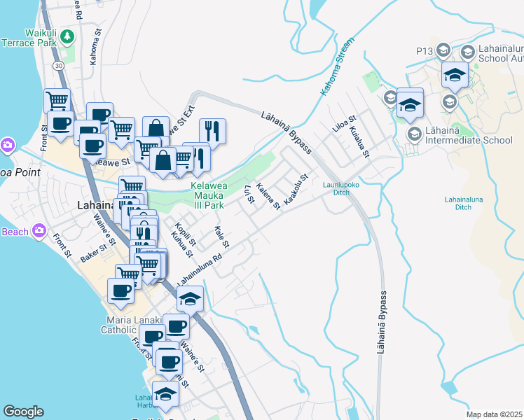 map of restaurants, bars, coffee shops, grocery stores, and more near 528 Pikanele Street in Lahaina
