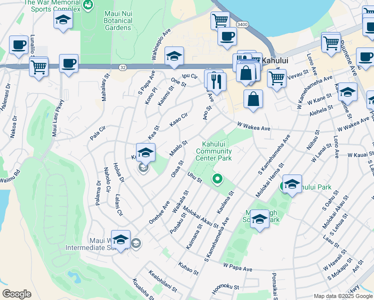 map of restaurants, bars, coffee shops, grocery stores, and more near 197 Ohaa Street in Kahului