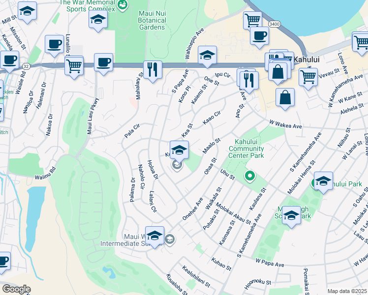 map of restaurants, bars, coffee shops, grocery stores, and more near 596 Kunu Place in Kahului