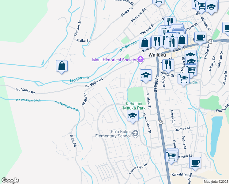 map of restaurants, bars, coffee shops, grocery stores, and more near 223 Puaehu Street in Wailuku
