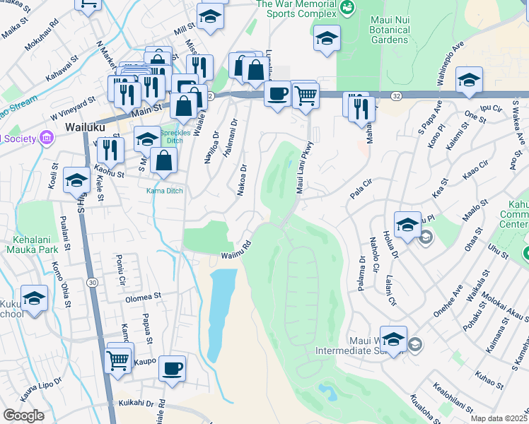 map of restaurants, bars, coffee shops, grocery stores, and more near 29 East Kapueone Place in Wailuku