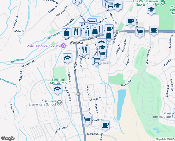 map of restaurants, bars, coffee shops, grocery stores, and more near 411 Kalua Road in Wailuku