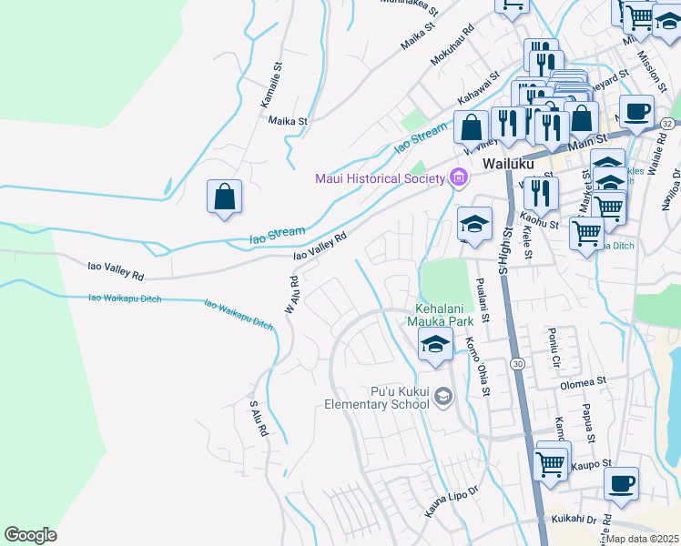 map of restaurants, bars, coffee shops, grocery stores, and more near 152 Kili'o'opu Street in Wailuku