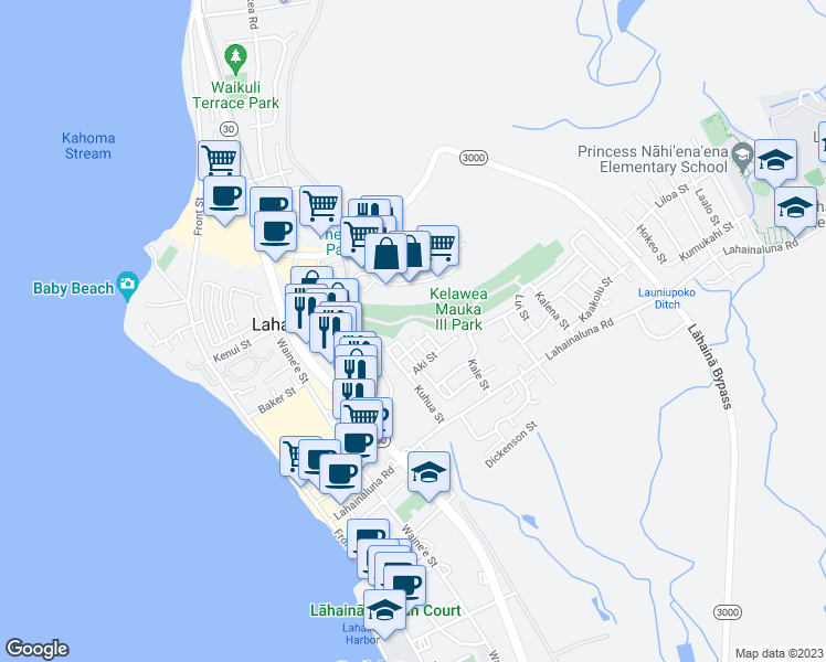 map of restaurants, bars, coffee shops, grocery stores, and more near 920 Puiki Place in Lahaina