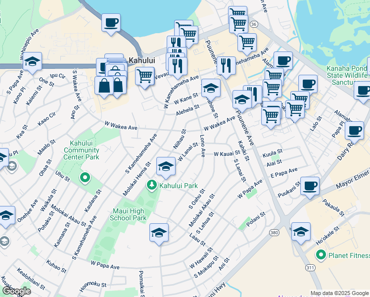 map of restaurants, bars, coffee shops, grocery stores, and more near 200 West Lanai Street in Kahului
