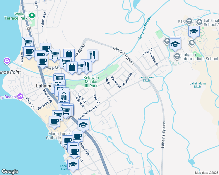 map of restaurants, bars, coffee shops, grocery stores, and more near 511 Pikanele Street in Lahaina