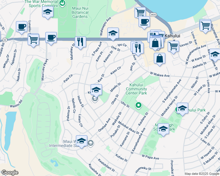 map of restaurants, bars, coffee shops, grocery stores, and more near 536 Maalo Street in Kahului