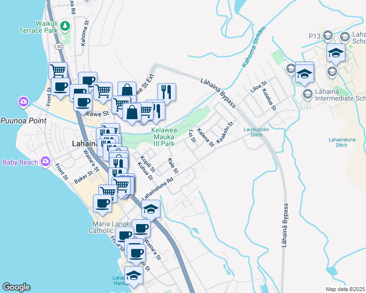 map of restaurants, bars, coffee shops, grocery stores, and more near 485 Kauhi Place in Lahaina