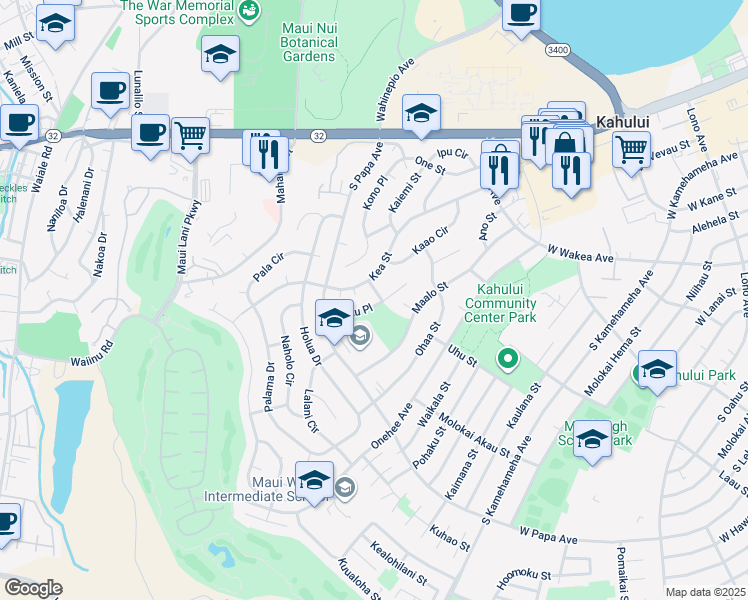 map of restaurants, bars, coffee shops, grocery stores, and more near 596 Kunu Place in Kahului