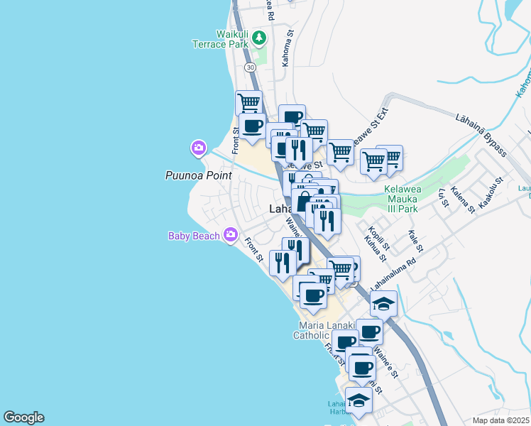 map of restaurants, bars, coffee shops, grocery stores, and more near Kahoma Village Loop in Lahaina