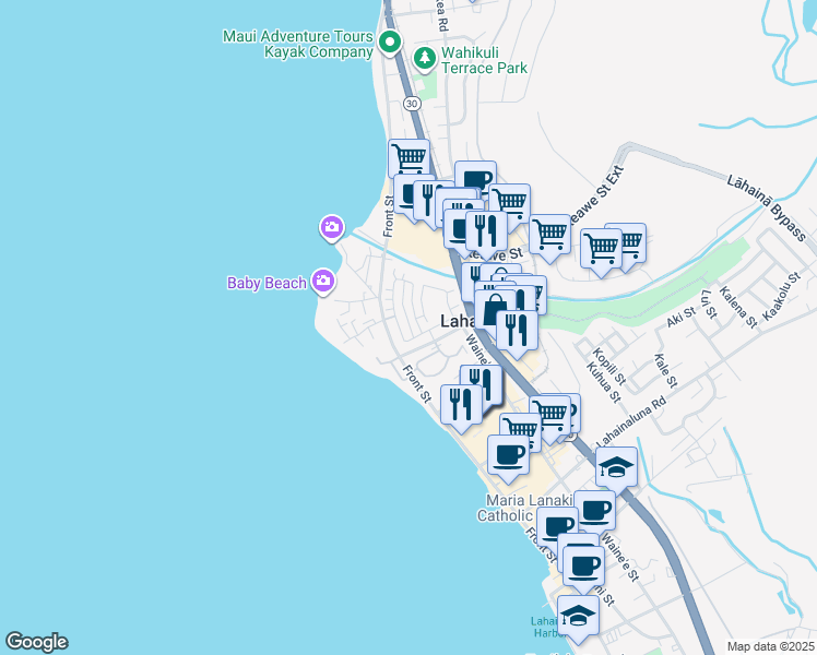 map of restaurants, bars, coffee shops, grocery stores, and more near 614 Hoe Kawele Lane in Lahaina