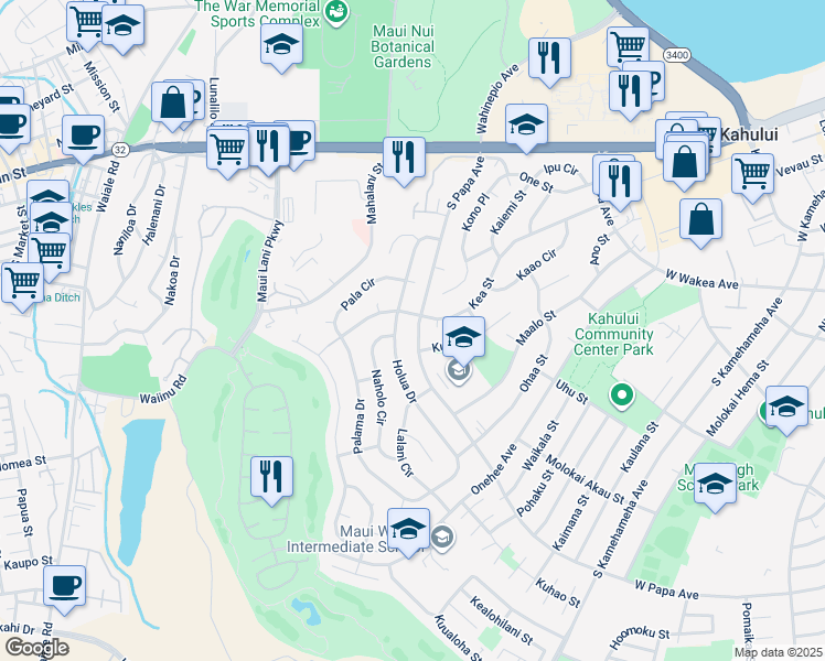 map of restaurants, bars, coffee shops, grocery stores, and more near 256 South Papa Avenue in Kahului