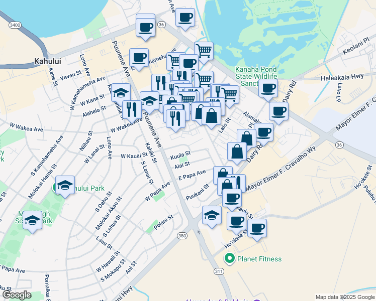 map of restaurants, bars, coffee shops, grocery stores, and more near 90 East Kauai Street in Kahului