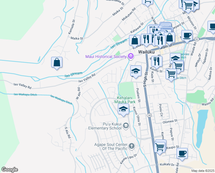 map of restaurants, bars, coffee shops, grocery stores, and more near 231 Puaehu Street in Wailuku