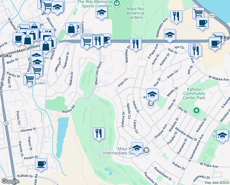 map of restaurants, bars, coffee shops, grocery stores, and more near 790 Kea Street in Kahului