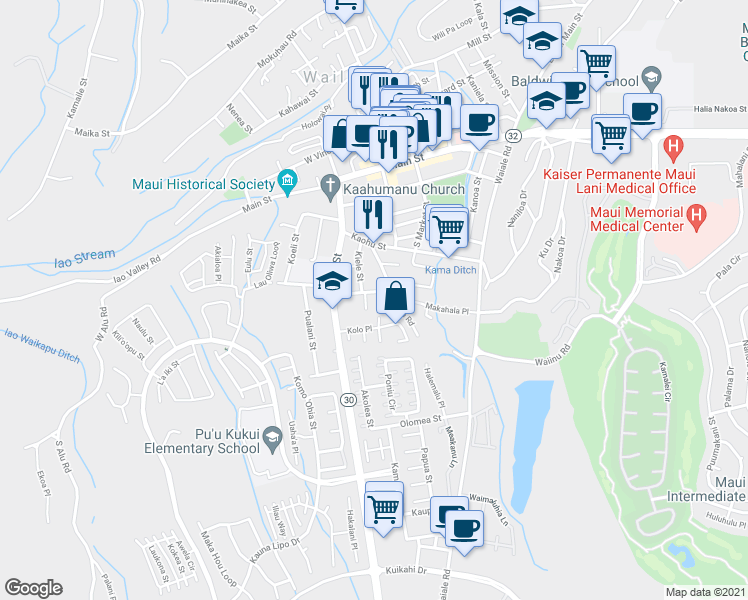 map of restaurants, bars, coffee shops, grocery stores, and more near 2131 Kahookele Street in Wailuku