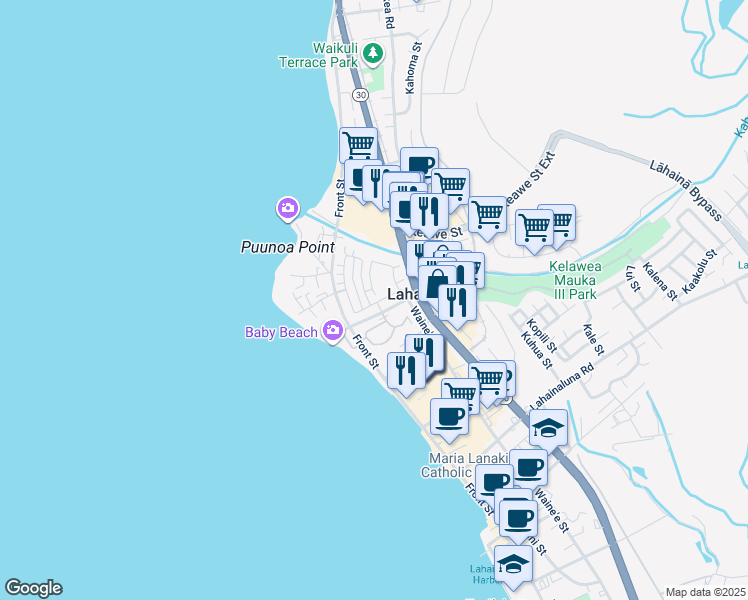 map of restaurants, bars, coffee shops, grocery stores, and more near 124 Kahoma Village Loop in Lahaina