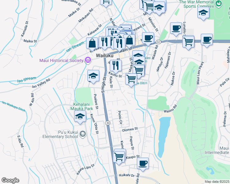 map of restaurants, bars, coffee shops, grocery stores, and more near 2131 Kahookele Street in Wailuku