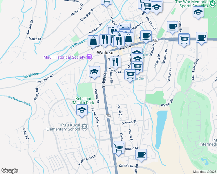 map of restaurants, bars, coffee shops, grocery stores, and more near 2169 Kahookele Street in Wailuku