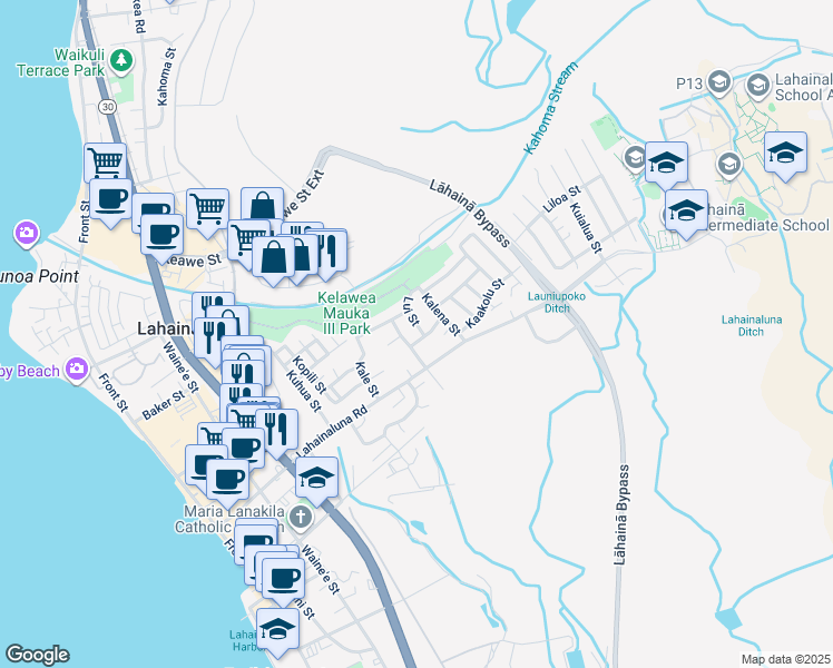 map of restaurants, bars, coffee shops, grocery stores, and more near 511 Pikanele Street in Lahaina
