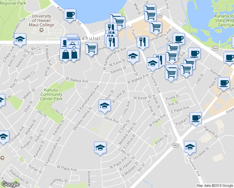 map of restaurants, bars, coffee shops, grocery stores, and more near 200 West Lanai Street in Kahului