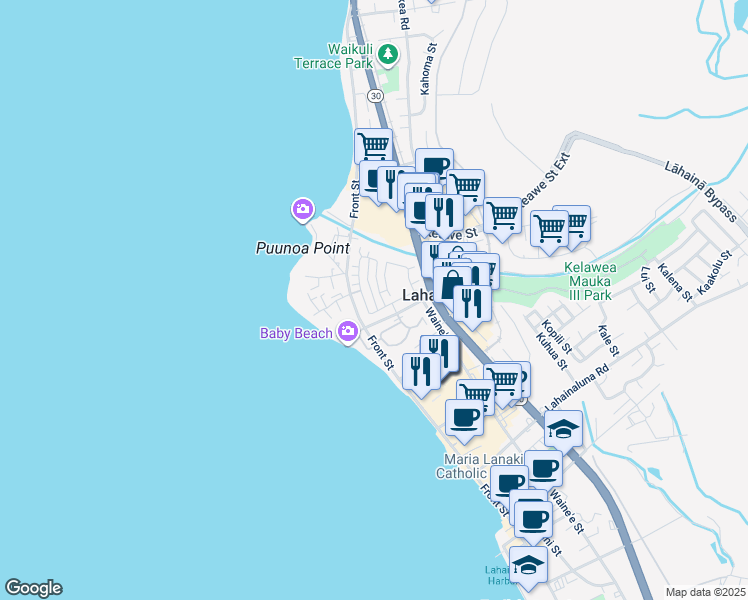 map of restaurants, bars, coffee shops, grocery stores, and more near 40 Kahoma Village Loop in Lahaina