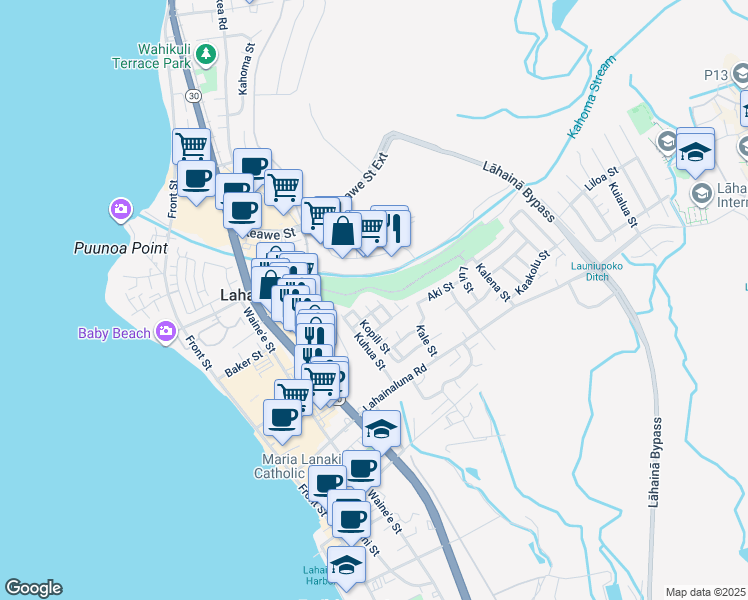 map of restaurants, bars, coffee shops, grocery stores, and more near 901 Puiki Place in Lahaina