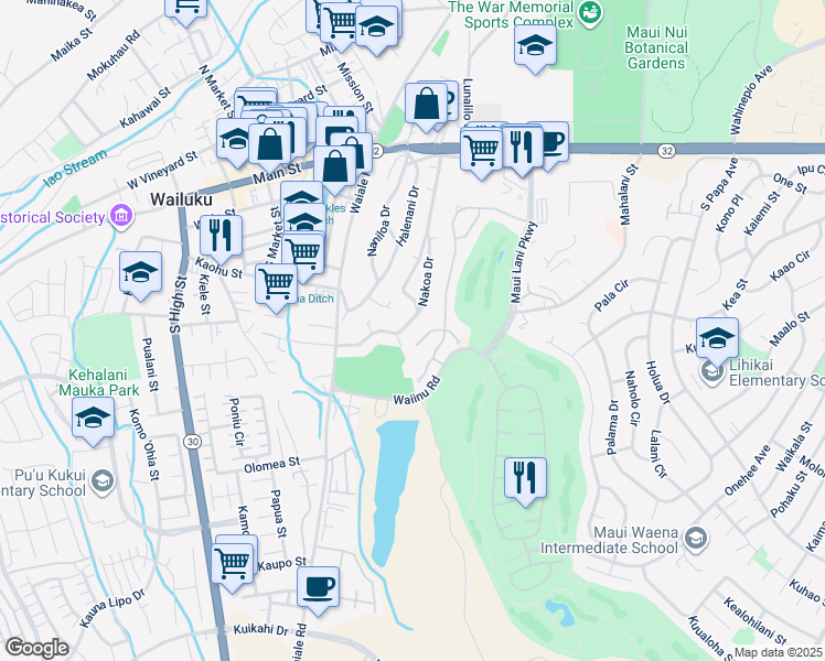 map of restaurants, bars, coffee shops, grocery stores, and more near 274 Nakoa Drive in Wailuku