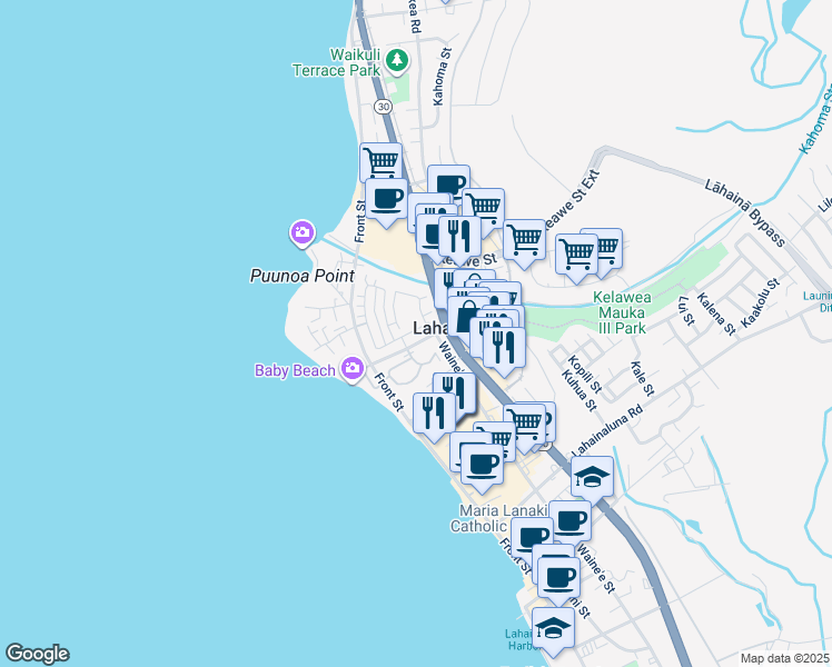 map of restaurants, bars, coffee shops, grocery stores, and more near 196 Kahoma Village Loop in Lahaina
