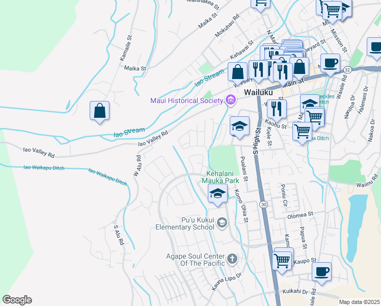 map of restaurants, bars, coffee shops, grocery stores, and more near 231 Puaehu Street in Wailuku
