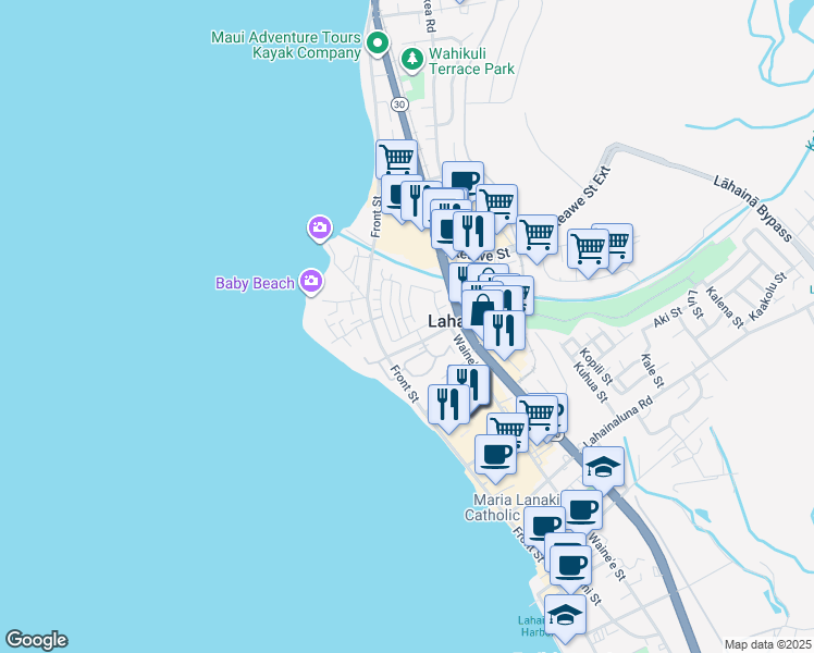 map of restaurants, bars, coffee shops, grocery stores, and more near 602 Hoe Kawele Lane in Lahaina