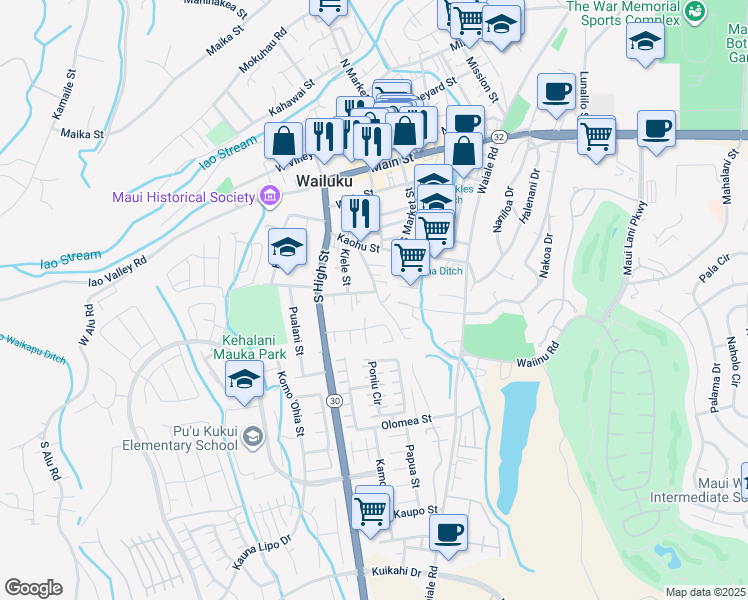 map of restaurants, bars, coffee shops, grocery stores, and more near 411 Kalua Road in Wailuku