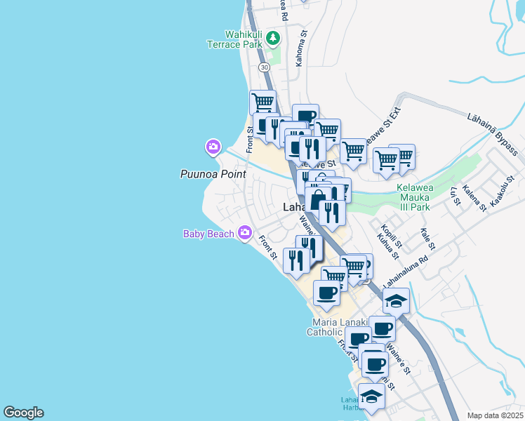 map of restaurants, bars, coffee shops, grocery stores, and more near 595 Hoe Kawele Lane in Lahaina
