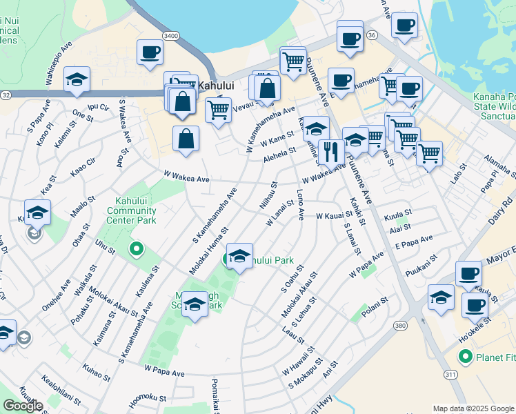 map of restaurants, bars, coffee shops, grocery stores, and more near 238 Niihau Street in Kahului