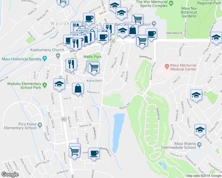 map of restaurants, bars, coffee shops, grocery stores, and more near 343 Nakoa Drive in Wailuku