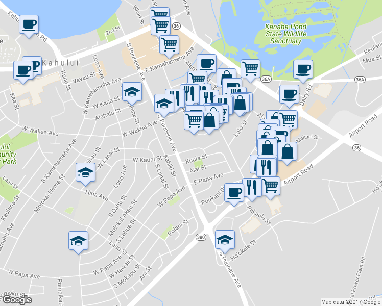 map of restaurants, bars, coffee shops, grocery stores, and more near 44 East Kauai Street in Kahului
