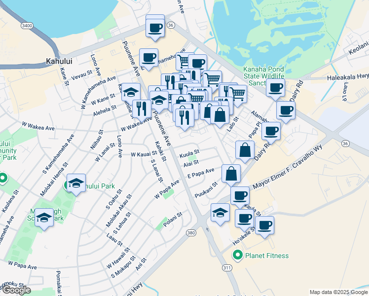 map of restaurants, bars, coffee shops, grocery stores, and more near 44 East Kauai Street in Kahului