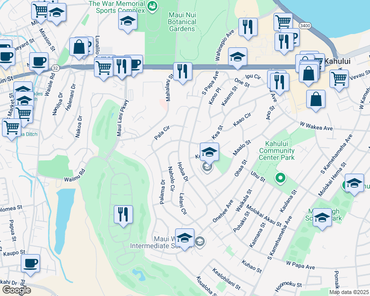 map of restaurants, bars, coffee shops, grocery stores, and more near 256 South Papa Avenue in Kahului