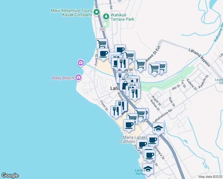 map of restaurants, bars, coffee shops, grocery stores, and more near 178 Kahoma Village Loop in Lahaina