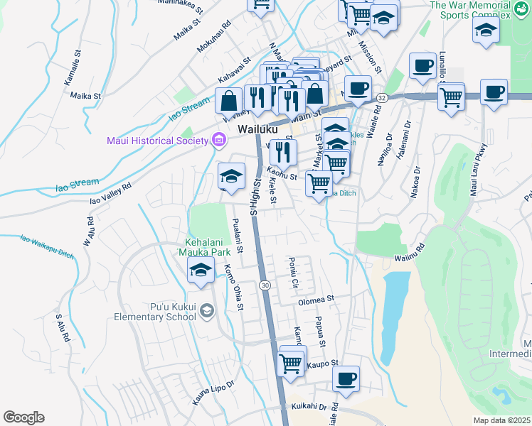 map of restaurants, bars, coffee shops, grocery stores, and more near 2169 Kahookele Street in Wailuku