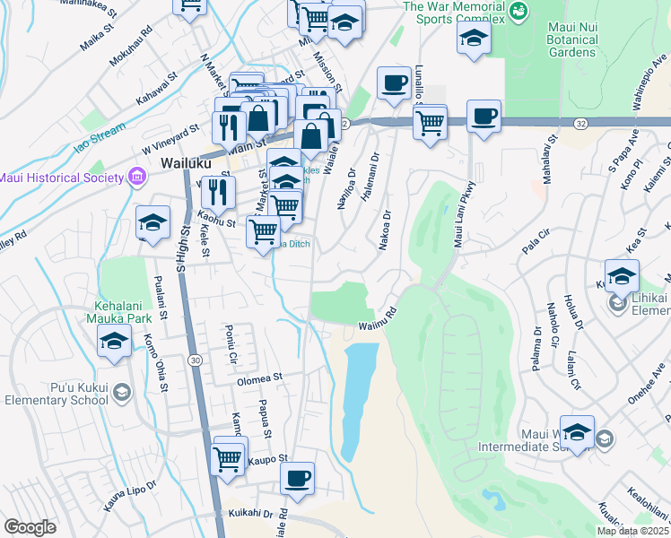 map of restaurants, bars, coffee shops, grocery stores, and more near 343 Nakoa Drive in Wailuku