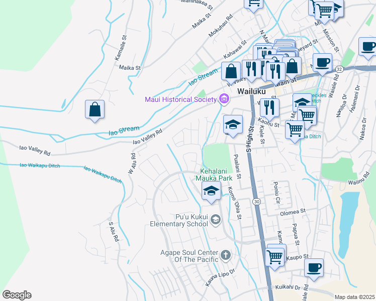 map of restaurants, bars, coffee shops, grocery stores, and more near 259 Puaehu Street in Wailuku