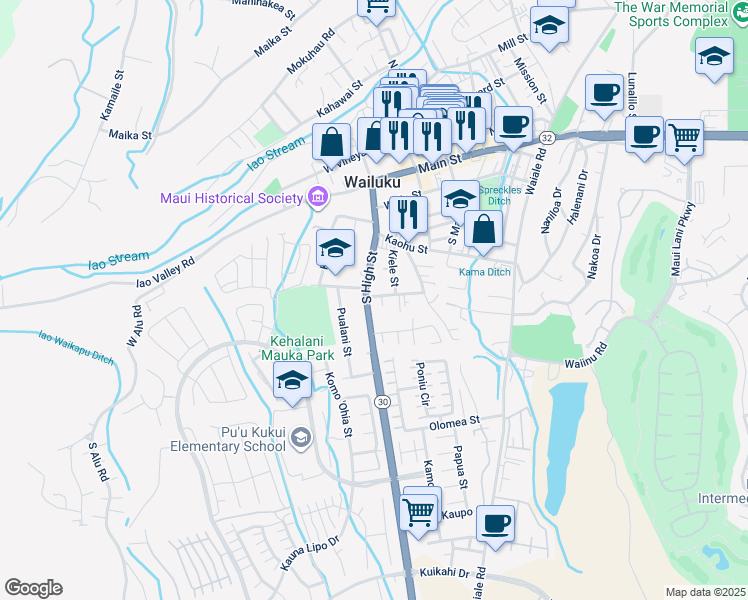 map of restaurants, bars, coffee shops, grocery stores, and more near 2199 Kahookele Street in Wailuku