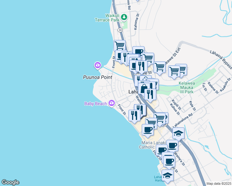 map of restaurants, bars, coffee shops, grocery stores, and more near 16 Kahoma Village Loop in Lahaina