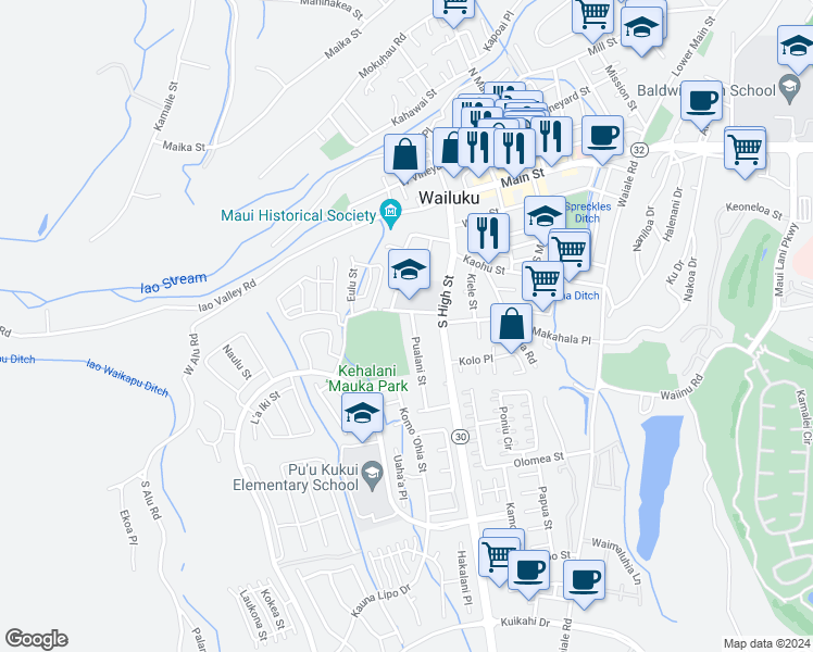 map of restaurants, bars, coffee shops, grocery stores, and more near 415 Pualani Street in Wailuku