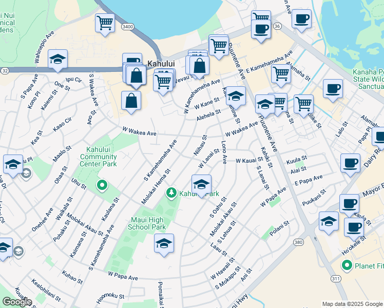 map of restaurants, bars, coffee shops, grocery stores, and more near 238 Niihau Street in Kahului